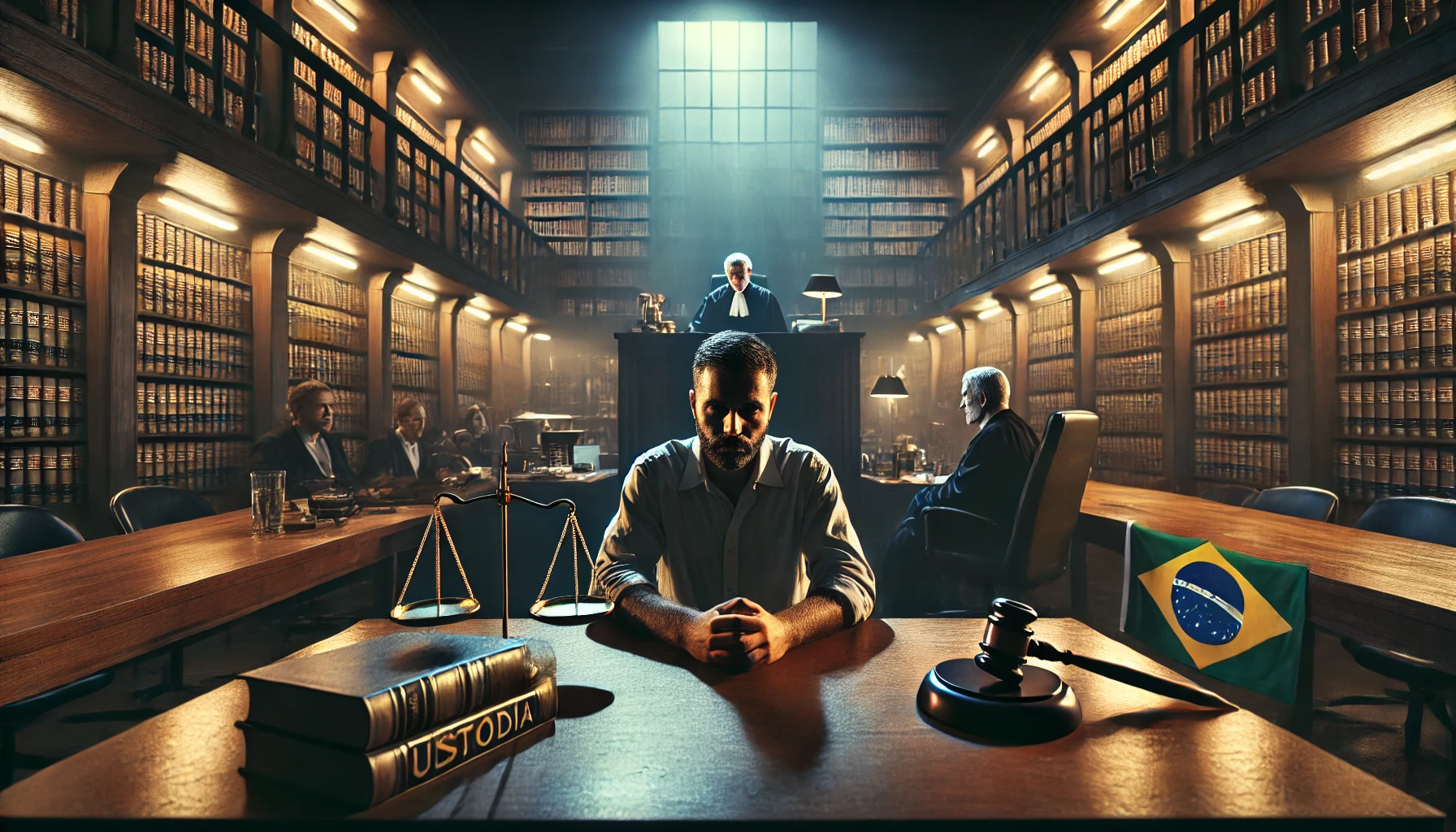 DALL·E 2024-08-01 16.47.01 – A cinematic image for an article about ‘Audiência de Custódia’ (Custody Hearing) in Brazilian criminal procedure law. The image should depict a dramat