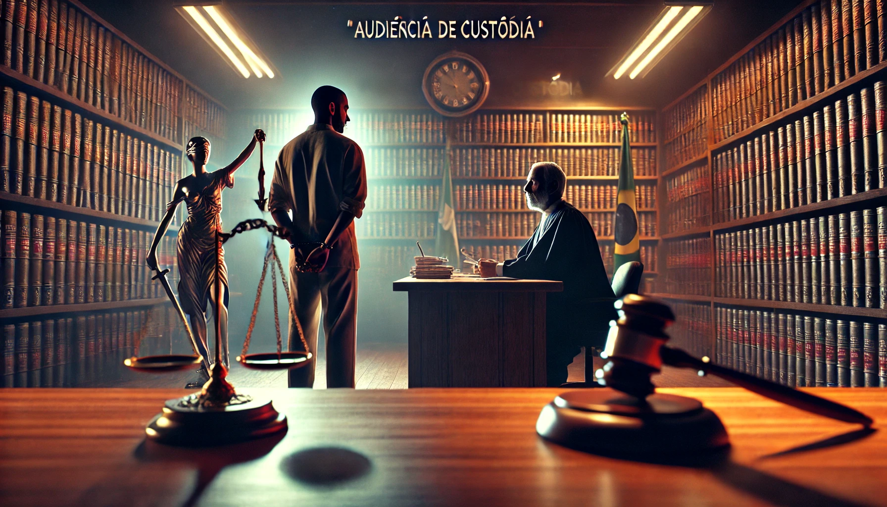 DALL·E 2024-08-01 17.15.35 – A cinematic image for an article explaining the importance of ‘audiência de custódia’ (custody hearing) in Brazilian criminal law. The image should de